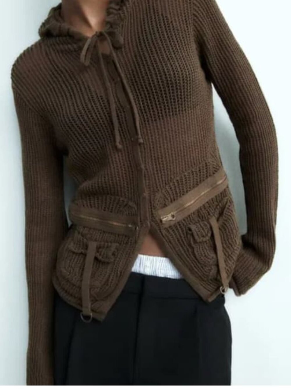 Zara Khaki Green Open-Knit Hooded Sweater Large